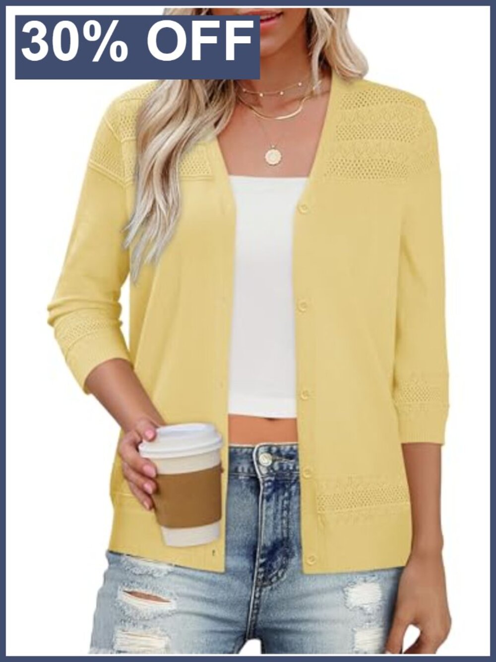 Womens Lightweight Crochet Cardigan 3/4 Sleeve V Neck Sweater S-2XL